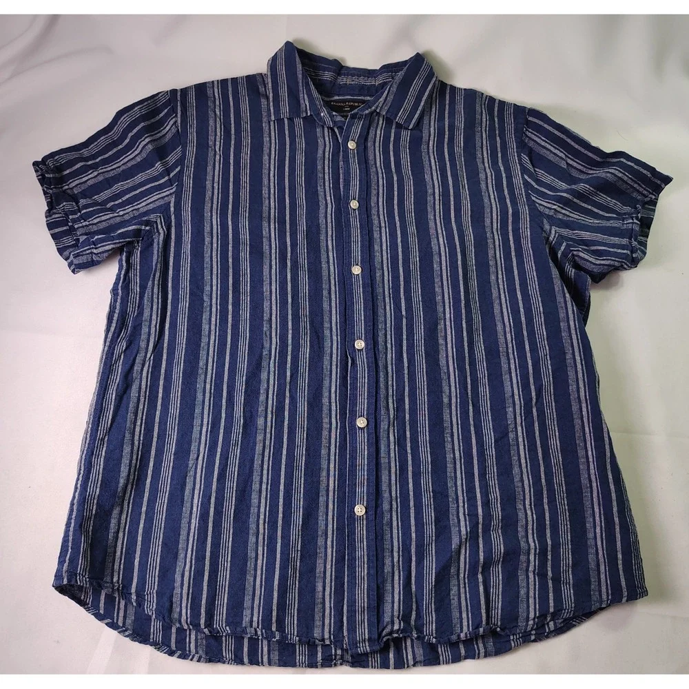 Banana Republic Mens XL Slim Fit Coastal Linen Blue Stripe Resort Summer Shirt